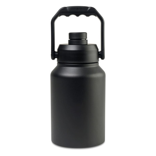 A drink bottle in matte black with a handle and a secure lid. The design features a simple, rounded shape.