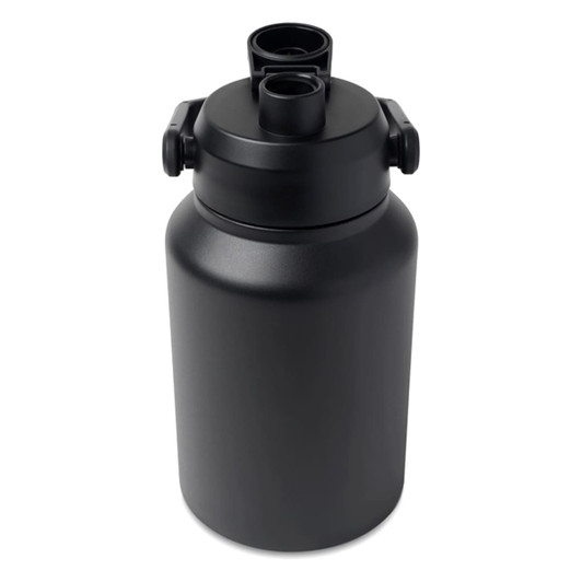 A drink bottle in matte black with two openings and a secure closure. It features a logo on the body.