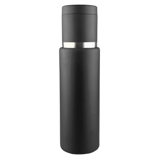 A drink bottle with a sleek black design and a silver band. It features a logo and has a smooth finish.