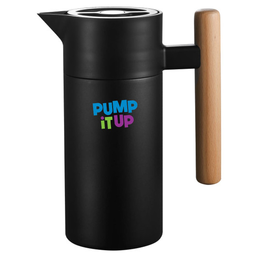 A drink bottle with a black body, wooden handle, and a logo, designed for serving beverages.
