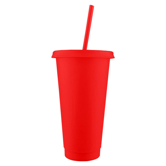 A red tumbler with a straw and lid, featuring a smooth surface and a branding logo.