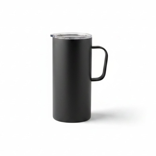A black travel mug with a transparent lid and handle, suitable for hot or cold beverages.