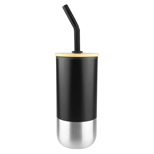 A drink bottle featuring a black exterior, stainless steel base, and a black straw. It has a lid and a logo.