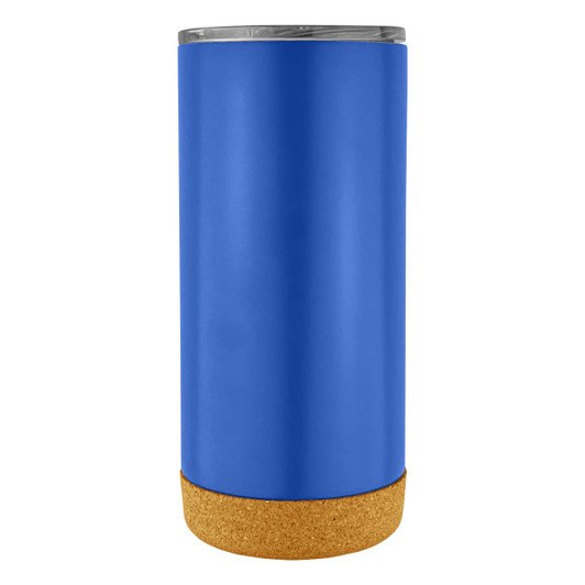 A travel mug in blue with a cork base and a silver lid, featuring a simple design and logo.