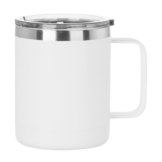 A travel mug in white with a stainless steel lid and a comfortable handle, featuring a sleek design and a logo.