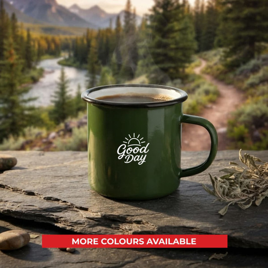 A green enamel camper mug with a handle, featuring a logo, set against a natural landscape backdrop.