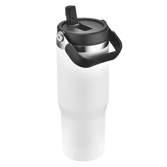 A travel mug in white and stainless steel, featuring a black handle and a flip-top lid. It has a logo on its surface.