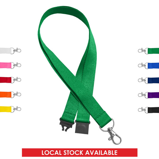 A green 20mm RPET lanyard with a clip, featuring various colour options displayed alongside.