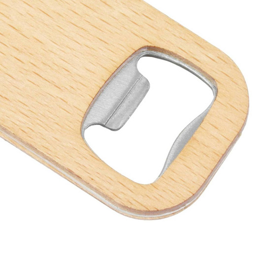 A drink bottle opener key ring made of bamboo with a stainless steel opener, featuring a natural wood finish.