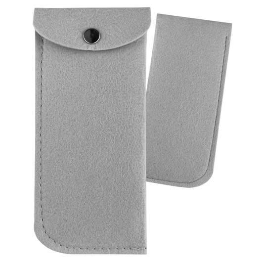 A grey felt pouch with a snap button closure and a removable inner section. It features stitching detail and a logo.