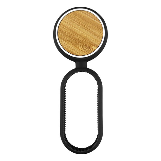 A drink bottle opener featuring a circular bamboo top and a black rubber grip, designed for easy use.