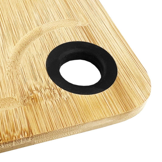A bamboo cheeseboard with a circular black holder, featuring a smooth, natural finish.