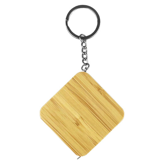 A bamboo tape measure key ring in a square shape, attached to a silver keychain.