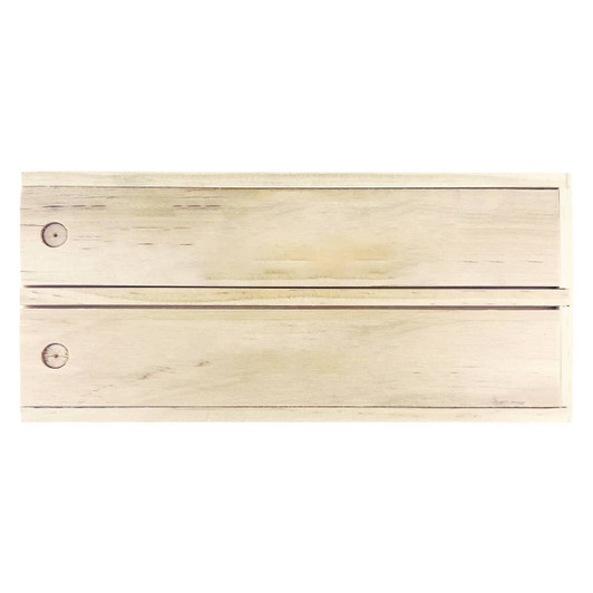 A wooden play set featuring two connected sections with smooth finishes and natural colour tones. It has a logo displayed.