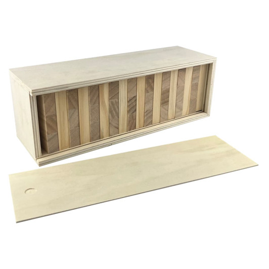 A large Jenga set comprising wooden blocks stacked within a rectangular box. The box is light-coloured wood.