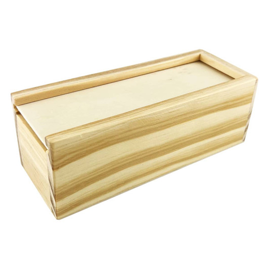 A wooden box with light and dark striped patterns, designed for a 3-in-1 brain teaser puzzle.
