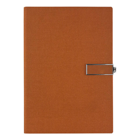 An orange textured notebook with a silver clasp closure and a simple design. It features a logo on the front.
