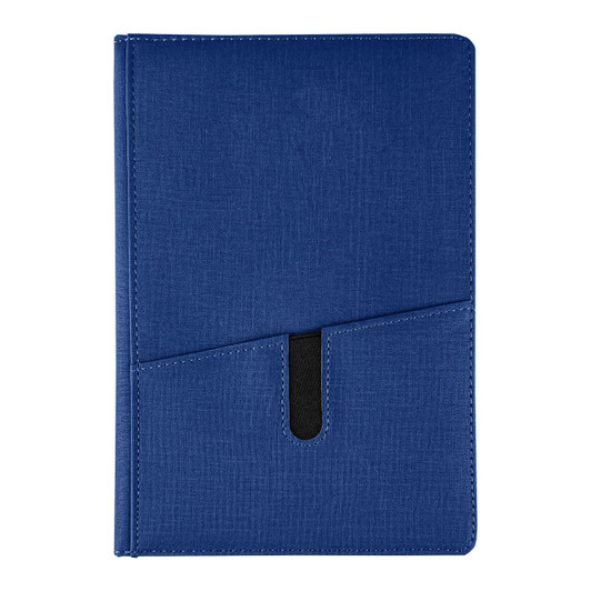 A blue notebook with a textured cover and a black pocket on the front. It features a logo.