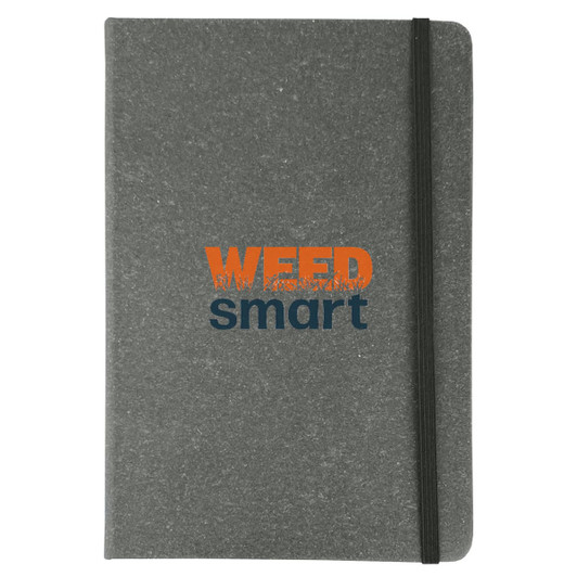 A grey notebook with a black elastic band and a logo in orange and blue. Ideal for office and business use.