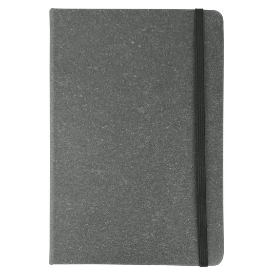 A grey notebook with a textured cover and an elastic band closure. It features a logo on the front.