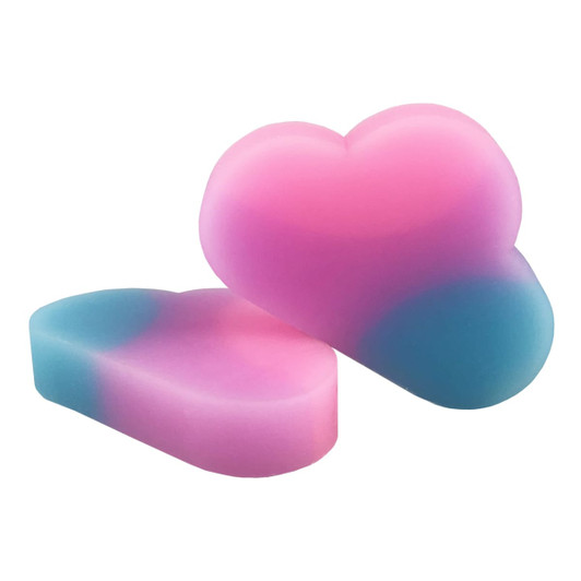 A cloud-shaped rubber eraser in pink and blue gradient, featuring a smooth texture and a logo.