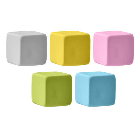 A set of five rubber erasers in grey, yellow, pink, green, and blue cube shapes, featuring a brand logo.