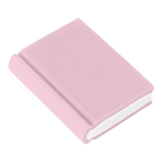 A pink book-shaped rubber eraser with a smooth finish and a rounded spine, featuring a logo on the front.