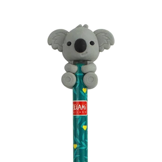 A grey koala-shaped pencil-top eraser on a teal pencil with leaf patterns and a logo.