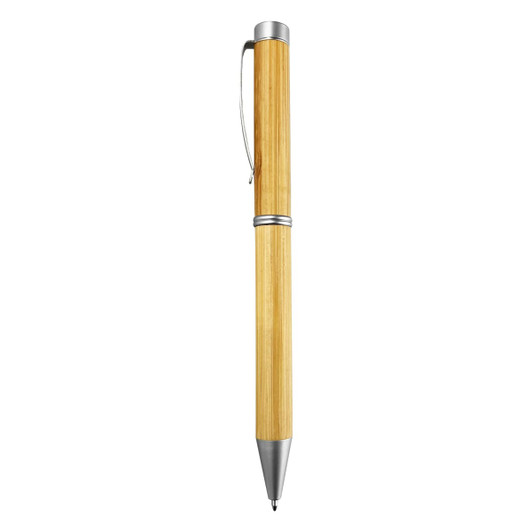 A bamboo pen with a metal clip and silver accents, featuring a natural wood finish. It has a sleek design and branding.
