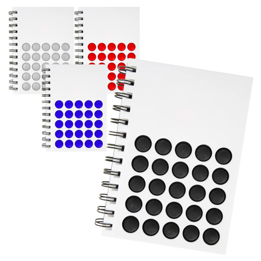 A selection of Diano Bubble Notebooks in white, featuring coloured bubble designs in black, red, blue, and grey.