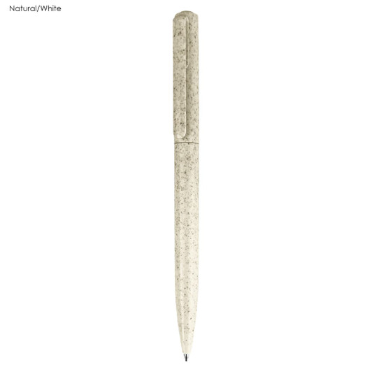 A natural and white eco-friendly plastic pen with a smooth design and a visible logo.