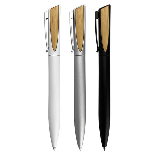 Three metal pens in white, silver, and black, each featuring a wooden accent and a clip.