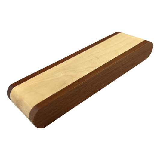 A wooden pen presenter featuring a smooth two-tone design in light and dark timber finishes. It includes a branding area.