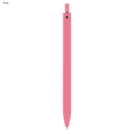 A pink plastic pen with a sleek design, featuring a clip and a visible logo.
