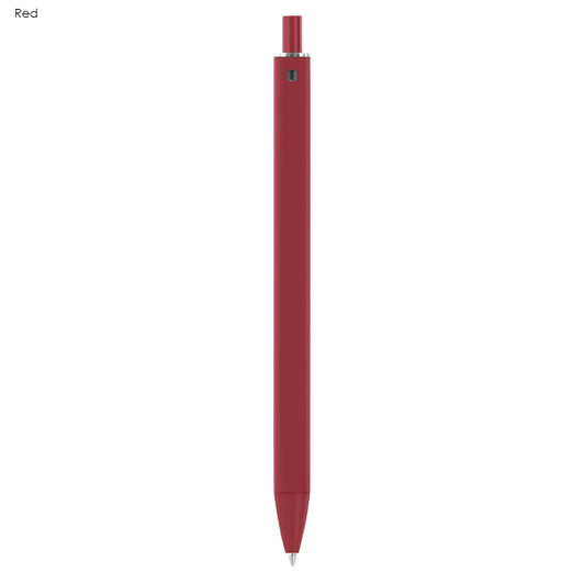 A red plastic pen with a sleek design and a logo near the top.