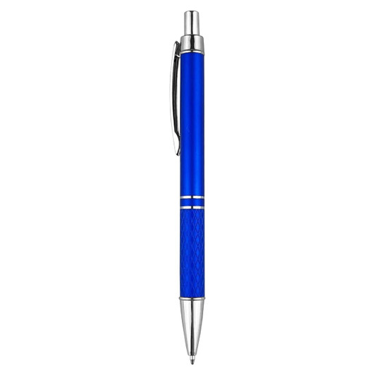 A blue plastic pen with silver accents and a textured grip. It features a metal clip and has a logo.