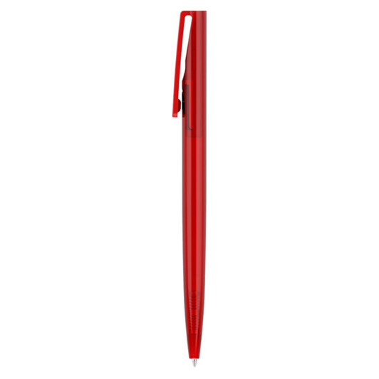 A red plastic pen with a clip and a streamlined design, featuring a small logo on the barrel.