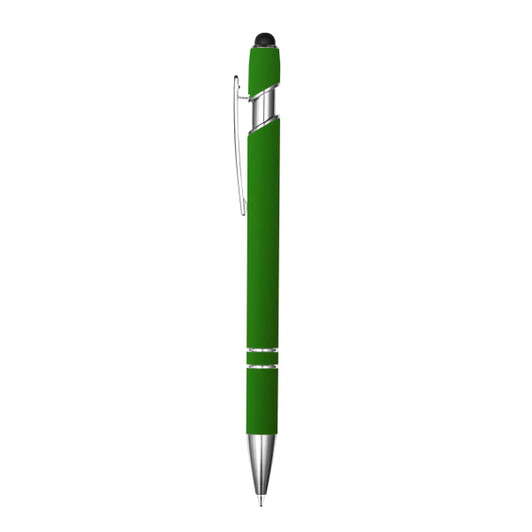 A green stylus pen with a silver clip and tip, featuring a sleek design and smooth grip.