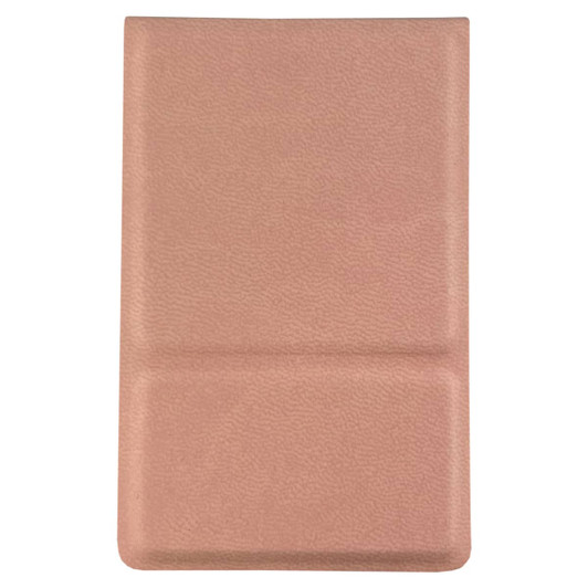 A compact mirror in a soft pink case with a textured finish and a logo.