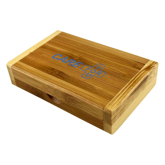 A bamboo case with a logo, featuring natural wood colours and a smooth finish. Suitable for tech accessories.