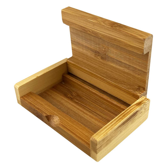 A bamboo phone case in natural wood tones, featuring an open design with a backrest and groove for securing a device.