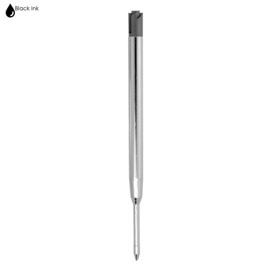 A silver metal refill for a Parker pen with a black ink tip, featuring a branding logo.