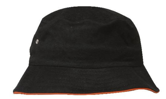 A black bucket hat with an orange trim and a small logo on the side.