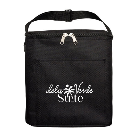 A black cooler bag with a zip closure and a front pocket, featuring a logo.
