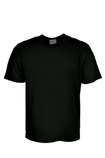 A plain black unisex micromesh tee shirt with short sleeves. The shirt includes a label and no visible branding.