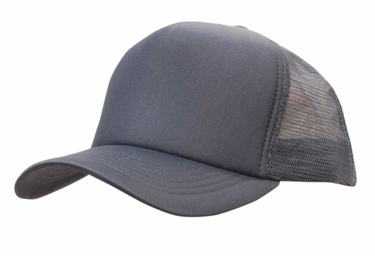 A grey truckers mesh cap featuring a solid front panel and a breathable mesh back. It has a curved brim and a logo.