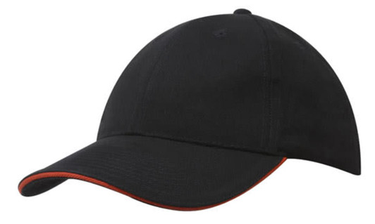 A black cap with a contrasting orange trim and a rounded visor, featuring a logo on the front.