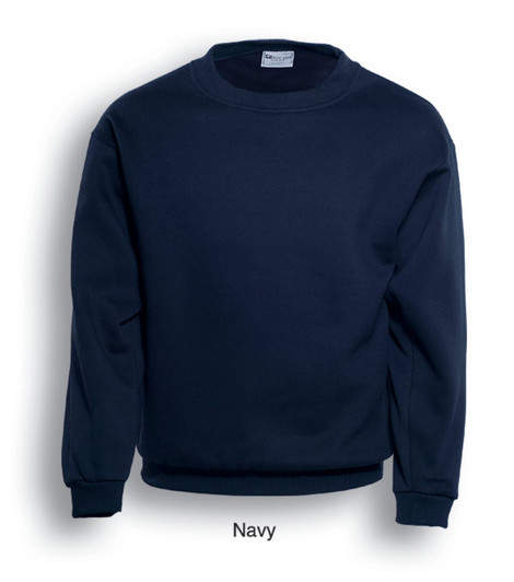 A navy unisex adults crew neck fleece jumper with long sleeves and a fitted waistband. Features a logo.