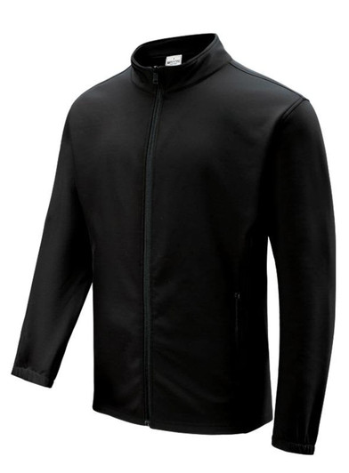 A men's softshell jacket in black, featuring a zip front and two side pockets. It has a collar and a logo.