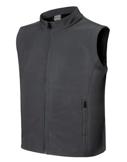 A grey men's softshell vest with a zip front and side pockets, featuring a logo.